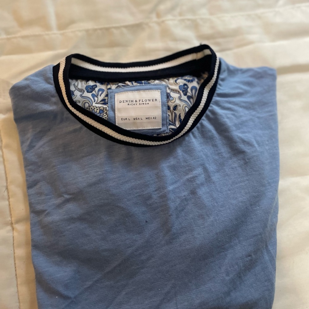 Denim & Flower Light Blue Floral Trim Shirt